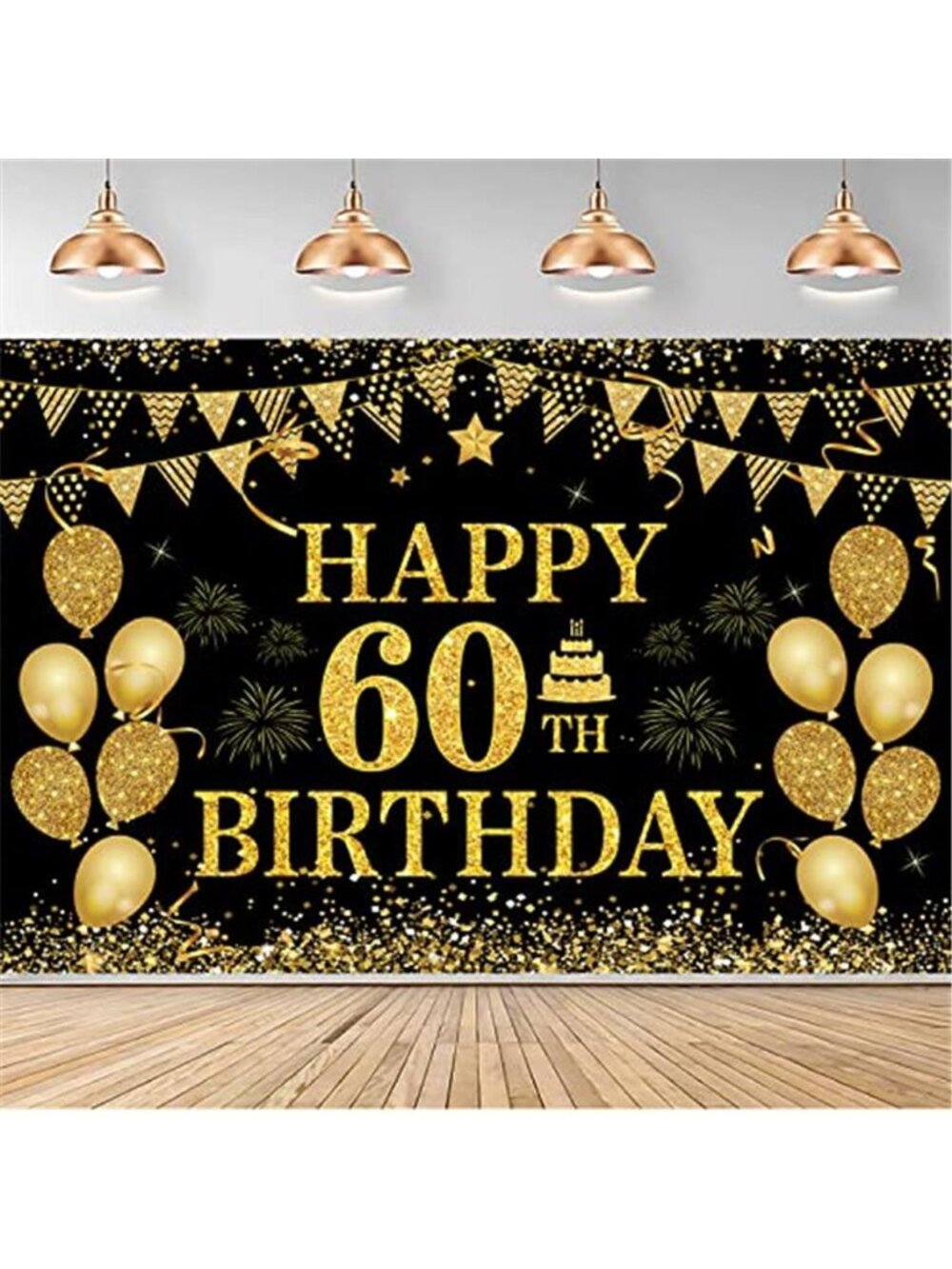 60th Birthday Banner Black Gold Party Decorations Backdrop Large Polyester